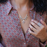 Silver Chandelier Necklace with Rhombus Burgundy Enamel Pendant