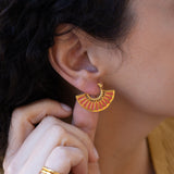 Gold Red Hand Fan Hoop Earrings