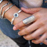 Long Silver Mandala Flower Ring