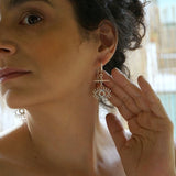 Long Silver Hoop Earrings with Evil Eye Charm