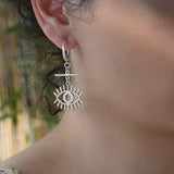 Long Silver Hoop Earrings with Evil Eye Charm