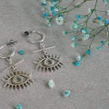 Long Silver Hoop Earrings with Evil Eye Charm