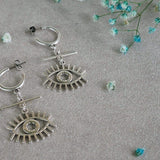 Long Silver Hoop Earrings with Evil Eye Charm