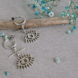 Long Silver Hoop Earrings with Evil Eye Charm
