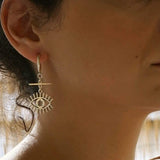 Long Silver Hoop Earrings with Evil Eye Charm
