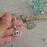 Long Silver Hoop Earrings with Evil Eye Charm