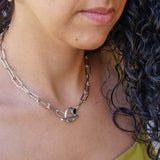 Thick Silver Oval Chain with Black Enamel Stone T-Clasp