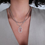 Silver-framed red enamel heart pendant necklace