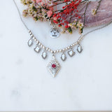 Silver Chandelier Necklace with Rhombus Burgundy Enamel Pendant