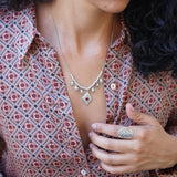 Silver Chandelier Necklace with Rhombus Burgundy Enamel Pendant