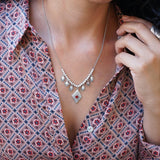Silver Chandelier Necklace with Rhombus Burgundy Enamel Pendant