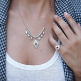Silver Chandelier Necklace with Rhombus Burgundy Enamel Pendant