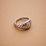Silver Croissant Ring, Ribbed Dome Ring for Women, Modern Sculptural Statement Ring, Bold Silver Waterproof Braided Soft Dome Ring