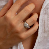 Silver Croissant Ring, Ribbed Dome Ring for Women, Modern Sculptural Statement Ring, Bold Silver Waterproof Braided Soft Dome Ring