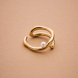 Gold Pearl Ring, Stainless Steel Open Adjustable Ring for Women, Modern Sculptural Band, Statement Gold Ring with Imitation Pearl