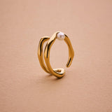 Gold Pearl Ring, Stainless Steel Open Adjustable Ring for Women, Modern Sculptural Band, Statement Gold Ring with Imitation Pearl