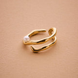 Gold Pearl Ring, Stainless Steel Open Adjustable Ring for Women, Modern Sculptural Band, Statement Gold Ring with Imitation Pearl