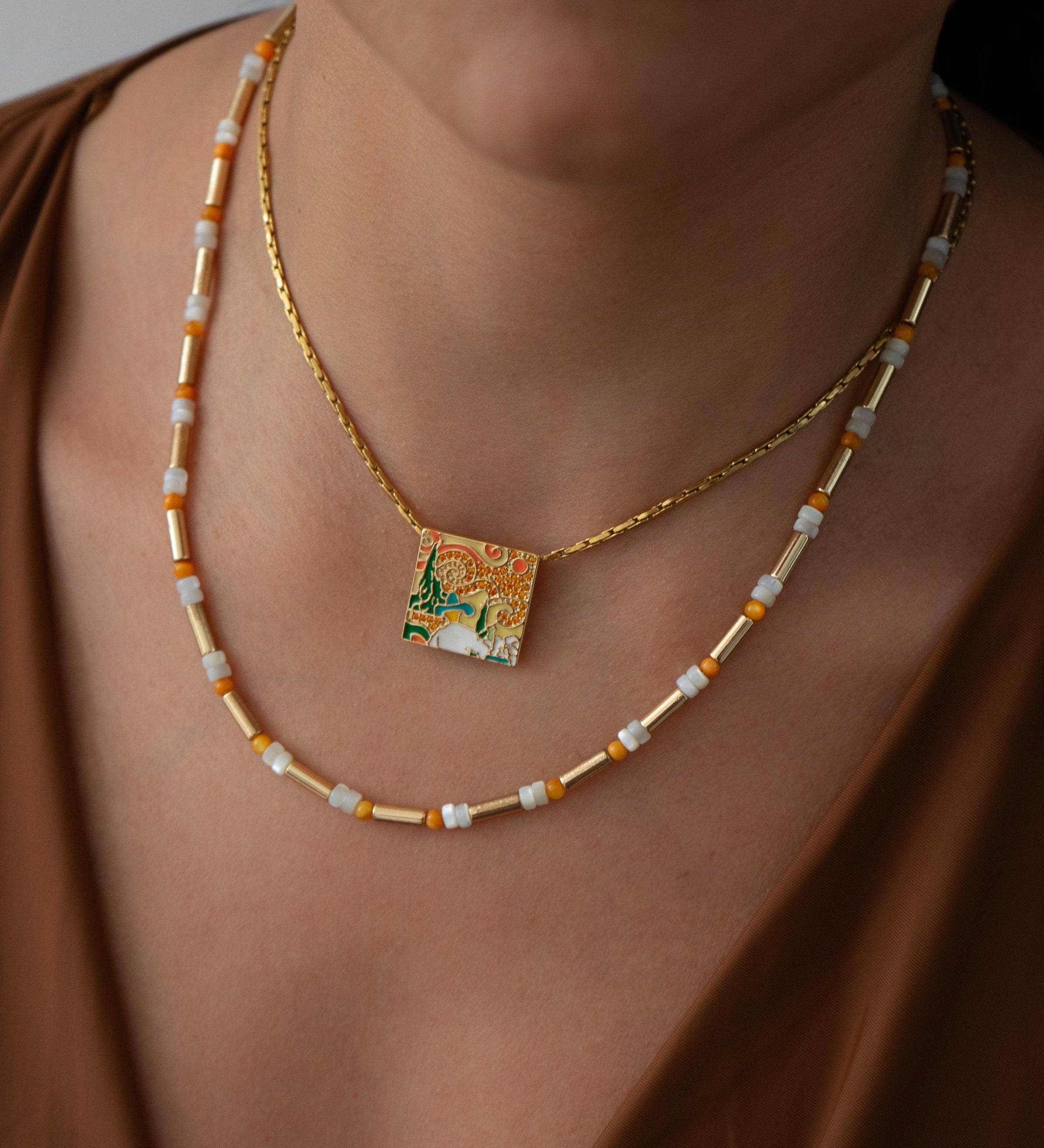 Gold Enamel Square Pendant Necklace