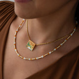 Gold Enamel Square Pendant Necklace