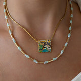Gold Enamel Square Pendant Necklace