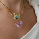 Gold Enamel Square Pendant Necklace