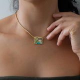 Gold Enamel Square Pendant Necklace