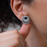 Silver Sunray Oval Stud Earrings with Enamel