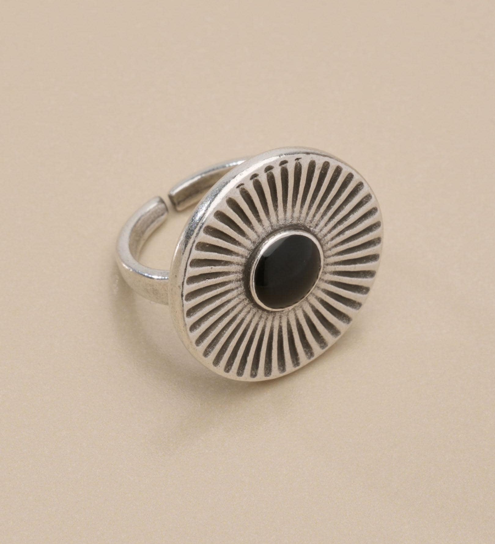Silver Sunburst Ring with Enamel Center