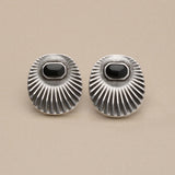 Silver Sunray Oval Stud Earrings with Enamel