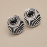 Silver Sunray Oval Stud Earrings with Enamel