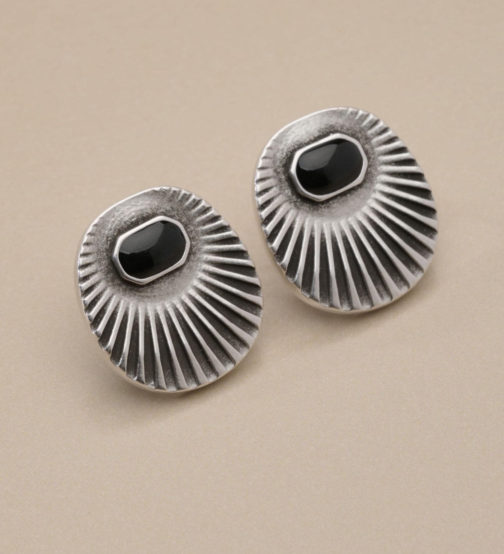 Silver Sunray Oval Stud Earrings with Enamel