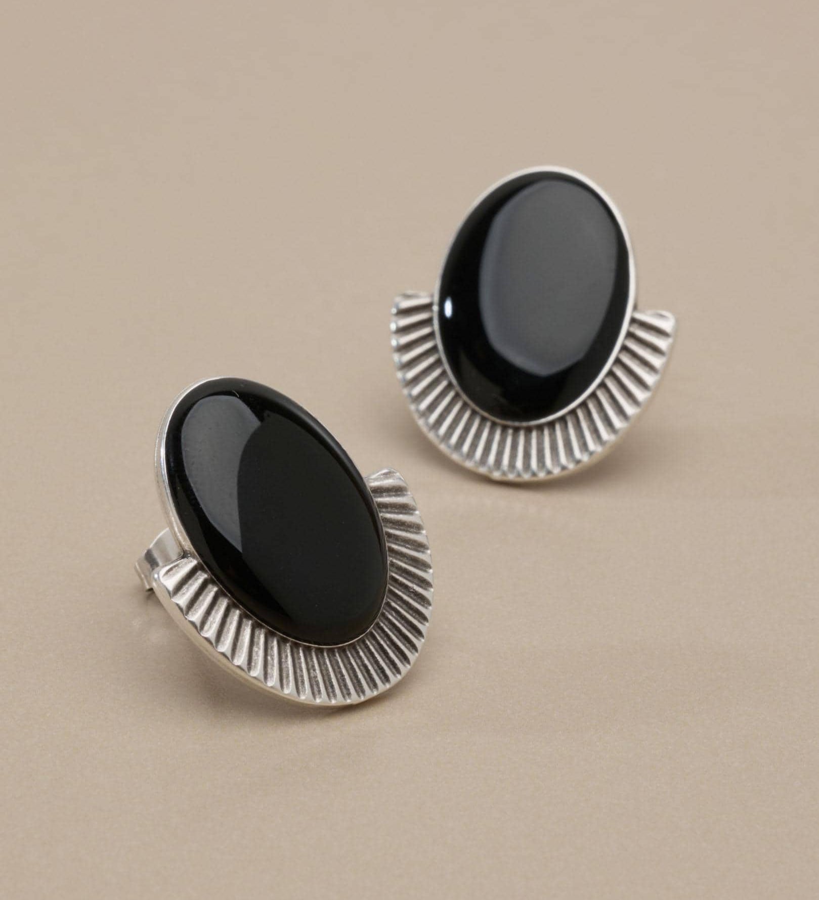 Silver Oval Enamel Stud Earrings