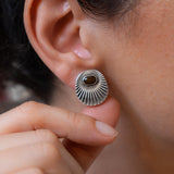 Silver Sunray Oval Stud Earrings with Enamel