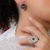 Silver Sunray Oval Stud Earrings with Enamel