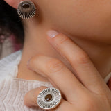 Silver Sunray Oval Stud Earrings with Enamel