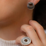 Silver Sunray Oval Stud Earrings with Enamel