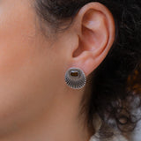 Silver Sunray Oval Stud Earrings with Enamel