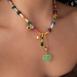 Shell Beaded Necklace with Green Heart Resin Pendant