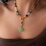 Shell Beaded Necklace with Green Heart Resin Pendant