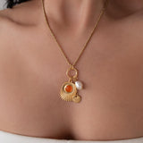 Multi Charm Necklace with Engraved Rays and Enamel Pendant