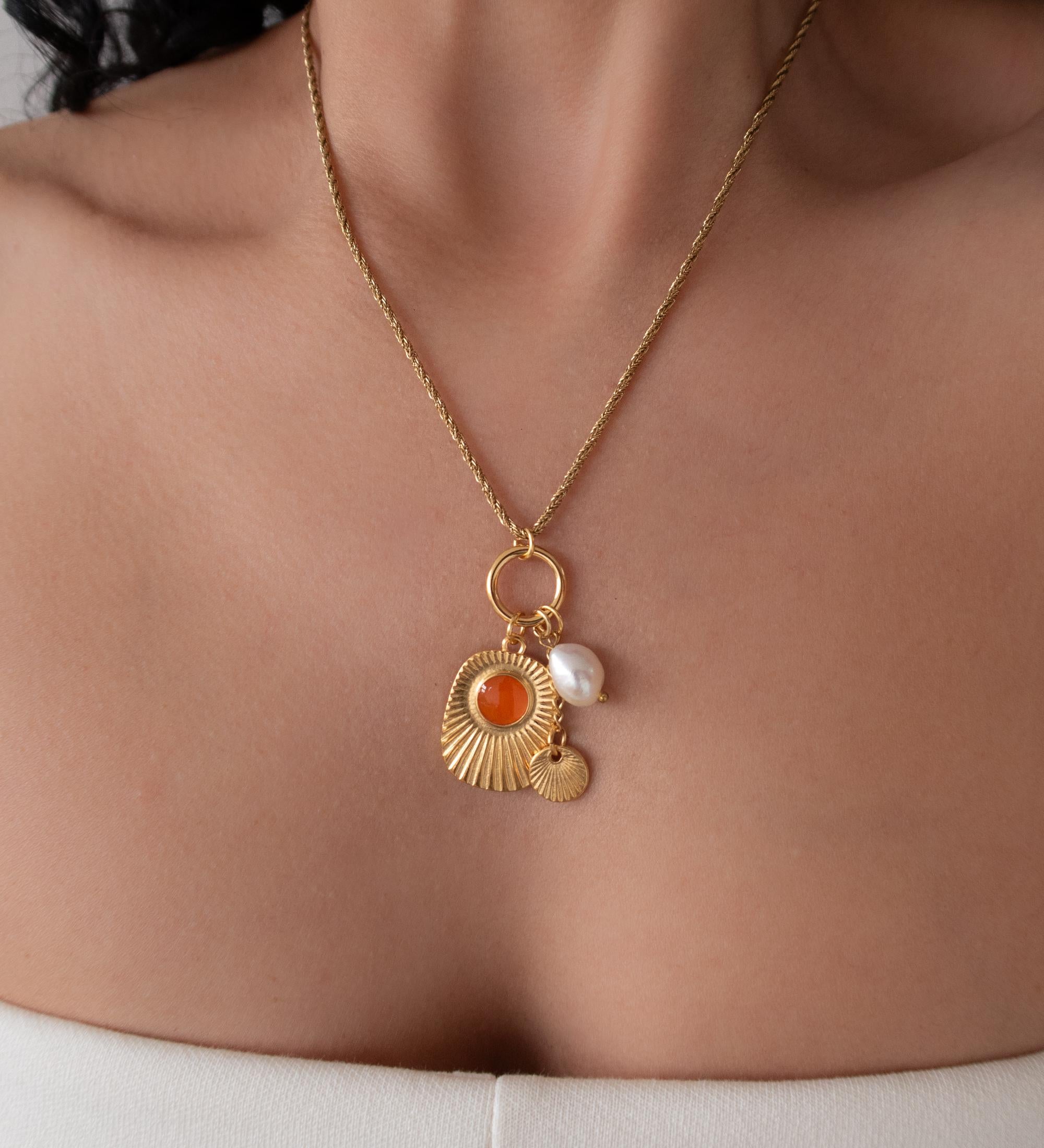 Multi Charm Necklace with Engraved Rays and Enamel Pendant