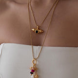 Gold Barrel Pendant Necklace with Enamel