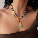 Shell Beaded Necklace with Green Heart Resin Pendant