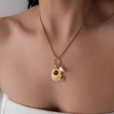 Multi Charm Necklace with Engraved Rays and Enamel Pendant