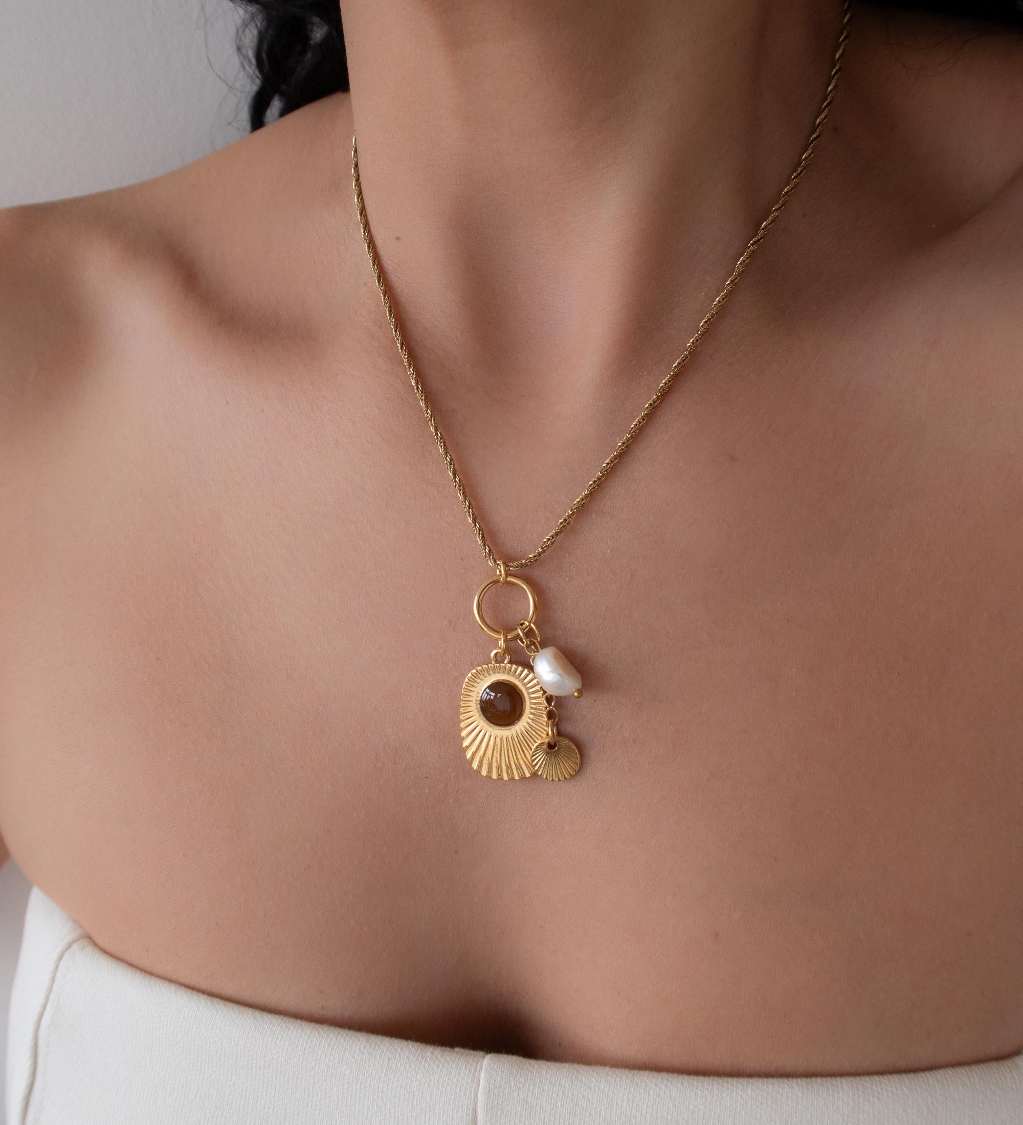 Multi Charm Necklace with Engraved Rays and Enamel Pendant