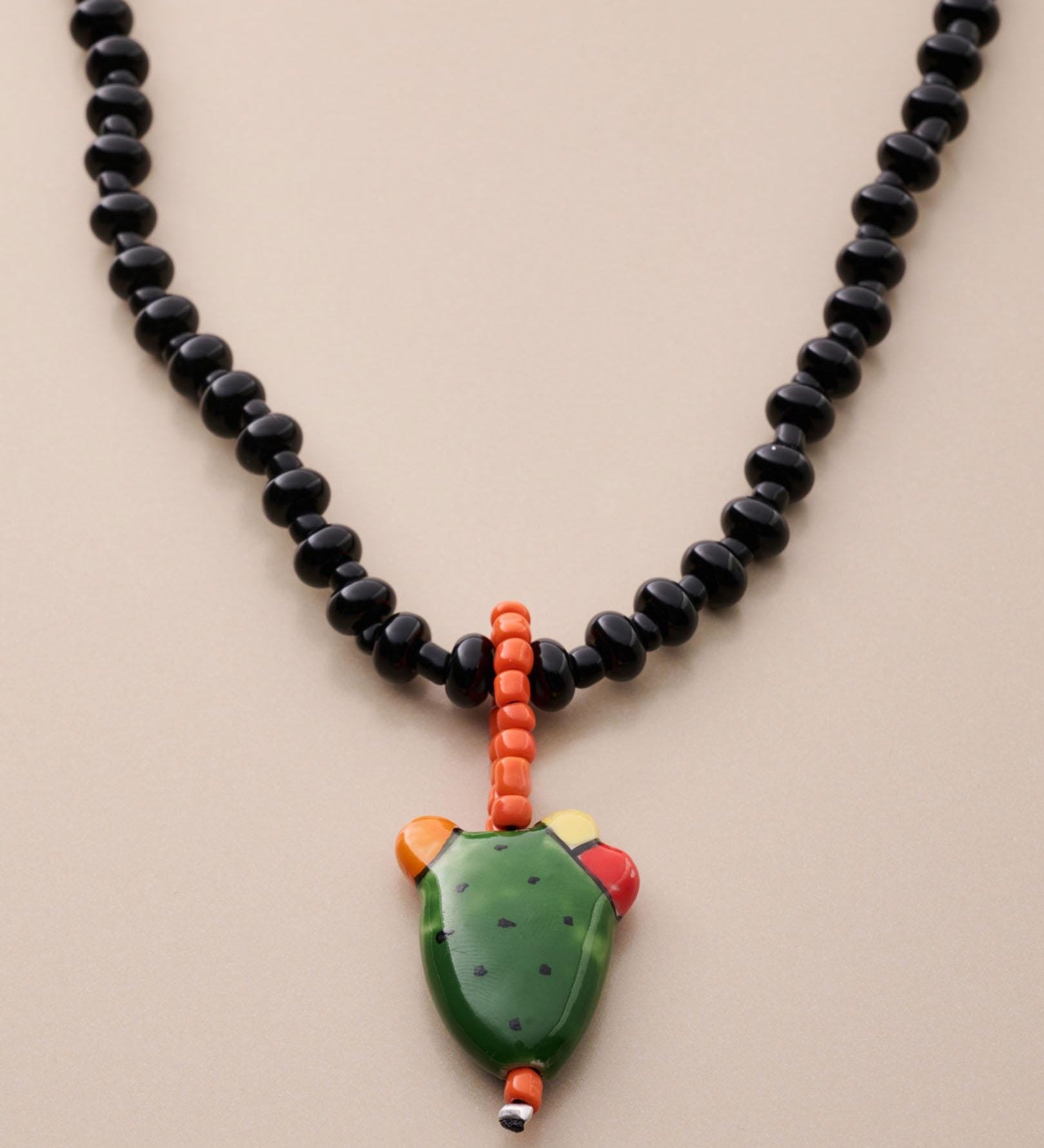Black Beaded Necklace With Prickly Pear Cactus Pendant