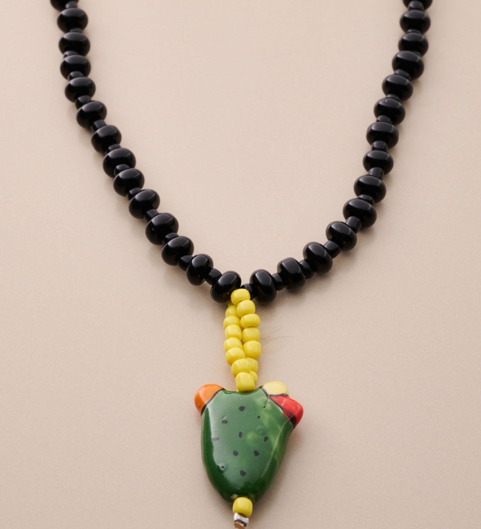 Black Beaded Necklace With Prickly Pear Cactus Pendant