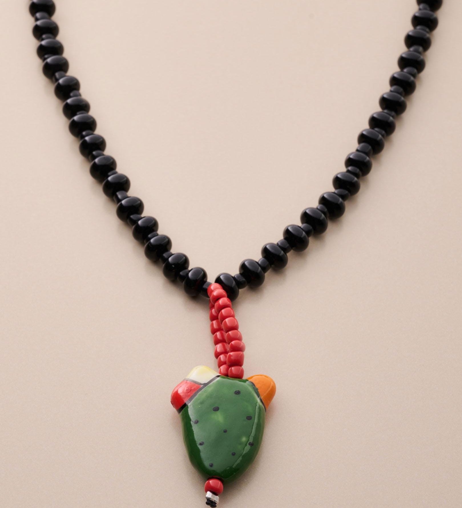 Black Beaded Necklace With Prickly Pear Cactus Pendant