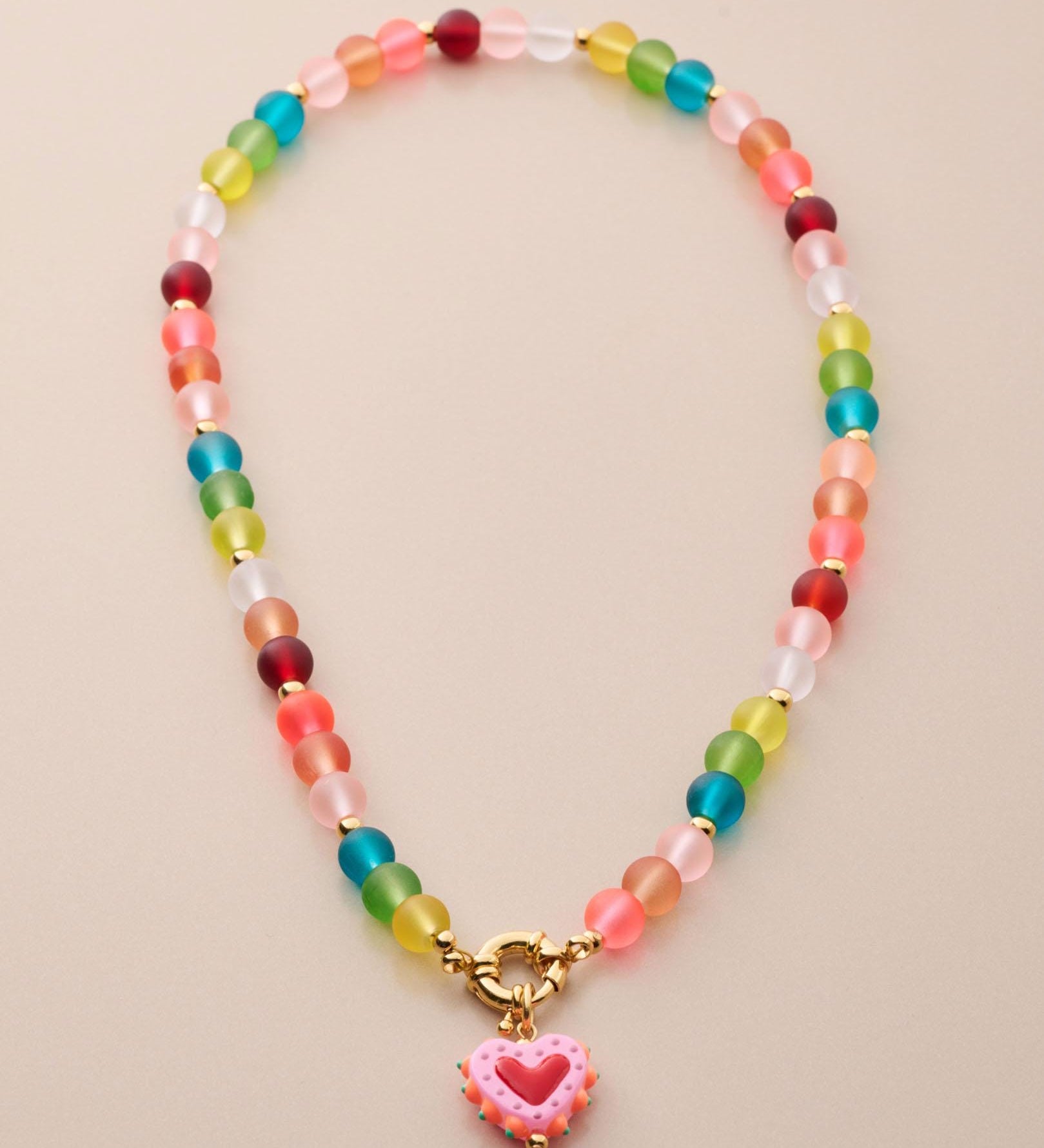 Colorful Frosted Glass Bead Necklace With Enamel Heart