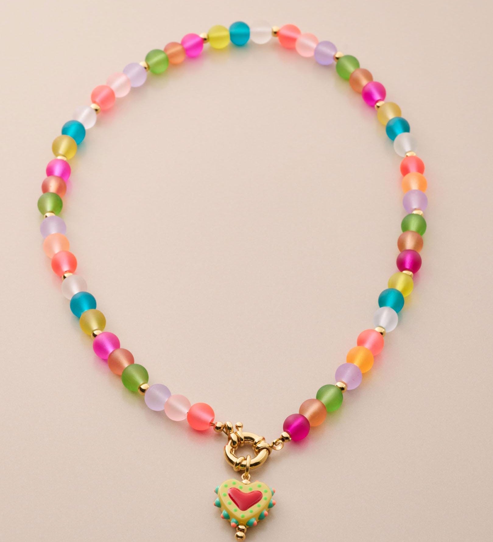 Colorful Frosted Glass Bead Necklace With Enamel Heart